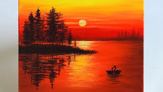 Sunset Painting  Sunset Painting for Beginners  Sunset on the Lake Acrylic Painting [upl. by Avehstab844]