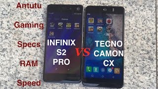 Infinix S2 Pro X522 Vs TECNO Camon CX Specs Speed Test Benchmarking Gaming And RAM Management [upl. by Ynnep]