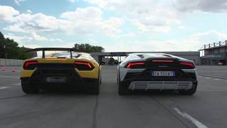 Lamborghini Huracan Evo vs Lamborghini Huracan Performante Rev Battle [upl. by Nyledam]