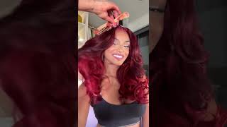 Layered Cut Body Wave Wig With Curtain Bangs eullair Red Burgundy Ombre Human Hair Lace Frontal Wig [upl. by Notnats]