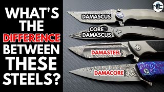 Whats the Difference Between Damascus Damascus with a Core Damasteel and Damacore Blade Steels [upl. by Brade]