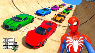 GTA V Superheroes Crazy Race Challenge with Super Cars  GTA 5 Spiderman Car Stunt Race [upl. by Orwin820]