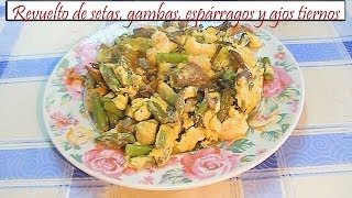 Revuelto de setas gambas espárragos trigueros y ajos tiernos  Receta de Cocina en Familia [upl. by Arinayed470]