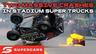 Two MASSIVE Stadium Super Truck Crashes In Adelaide  2024 Repco Supercars Championship [upl. by Einon351]