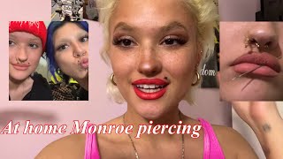 Piercing my lip at home Monroe piercing [upl. by Esirrehc]