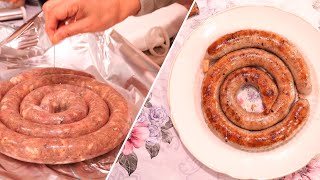 Meaty Homemade Pork SAUSAGE Twisted in Rings STEWED and FRIED [upl. by Nnayllek]