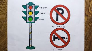 Road safety rules drawingHow to draw traffic signsHow to make traffic lights step by step [upl. by Adel]