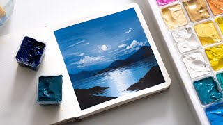 Painting with Gouache for Beginners  Moonlight Scenery Gouache Painting Tutorial  Jelly Gouache [upl. by Aratnahs]