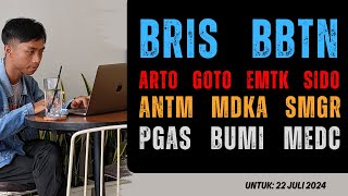 Analisa Saham 22 Juli 2024 BRIS BBTN ARTO GOTO EMTK SIDO ANTM MDKA SMGR PGAS BUMI MEDC [upl. by Heyman]