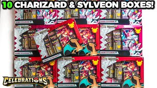 Opening 10 Pokemon Celebrations Lances Charizard V amp Dark Sylveon V Box [upl. by Nidla]