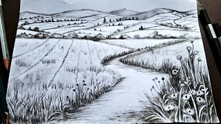 Landscape drawing with pencil  Valley drawing [upl. by Ebenezer]