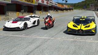 Suzuki Hayabusa 2022 vs Koenigsegg Jesko 2020 vs Bugatti Bolide 2020 at Old SPA [upl. by Faye115]