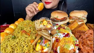 ASMR EATING MAGGI MASALA NOODLESMASALA EGGSDAHI KACHORIONION PAKORAALOO TIKKI BURGER [upl. by Moya962]