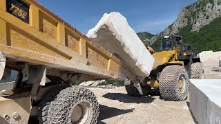 Huge Komatsu WA900 Wheel Loader Loading Marble Blocks On Cat 775E Dumpers  Birros Marble Quarries [upl. by Anigal]