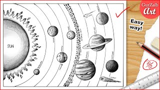 Solar System Drawing with pencil  How to Draw Solar System Easy  Solar System Planets Drawing [upl. by Pernick271]