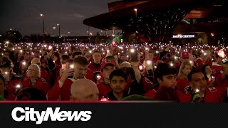 Calgary Flames host candlelight vigil for Gaudreau brothers [upl. by Drwde]