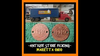 Antique Store Picking Marietta Ohio  Dog Tags  Toys  Bottles  Metal Toys  Milk  Antiques [upl. by Bendick691]