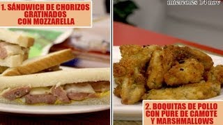 1 SÁNDWICH DE CHORIZOS CON MOZZARELLA 2 BOQUITAS DE POLLO CON PURE DE CAMOTE Y MARSHMALLOWS [upl. by Nyledam511]