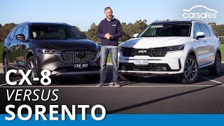 2023 Kia Sorento v Mazda CX8 Comparison  Ultraversatile threerow large SUVs go head to head [upl. by Aicinad160]