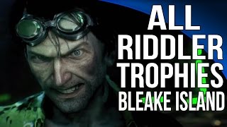 Batman Arkham Knight  All Riddler Trophies  Bleake Island [upl. by Norda]