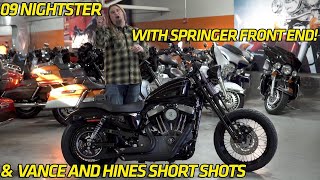 2009 Nightster with Springer front end and Vance and Hines Short Shots [upl. by Dlaregztif313]