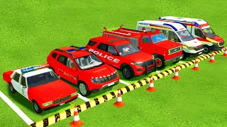 TRANSPORTING ALL RED POLICE CARS amp AMBULANCE EMERGENCY WITH MAN TRUCKS  Farming Simulator 22 [upl. by Suolhcin143]