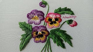 Hand Embroidery  Pansies with long and short stitch  ArtesdOlga [upl. by Zerline]