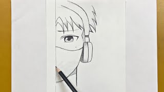 Easy to draw  How to draw anime boy half face wearing headphones [upl. by Enibas702]