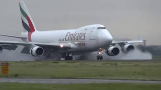 FULL thrust reverse on a wet runway B747 Freighter Emirates OOTHC  AMS Schiphol [upl. by Anaerda459]