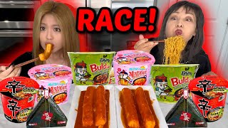 SPICY NOODLES RACE WITH GIANT TTEOKBOKKI amp full week of eating [upl. by Nhguavahs987]