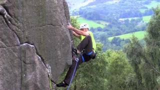 Paul Craven From Edelrid Climbing Iconic Gritstone Classic  Strapadictomy E5 6b Froggatt Edge [upl. by Yorled214]