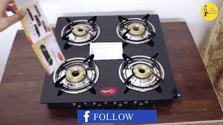 Pigeon Brunet Stainless Steel Glass Manual Gas Stove 4 Burners Unboxing amp Review in Hindi [upl. by Enihpled207]