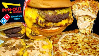 ASMR MUKBANG ANIMAL STYLE INNOUT DOUBLE BURGERS EXTRA CHEESE PIZZA amp FRIES  WITH CHEESE amp RANCH [upl. by Aivlis]