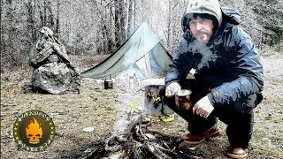 Camping In Sleet and Freezing Rain  Tarp Tent and Bacon [upl. by Dove]