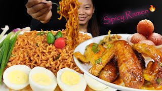 Eating Spicy Noodles with Chicken Wings Spicy 2x korean Ramen Mukbang Eating Show Nepali Mukbang [upl. by Goldarina]