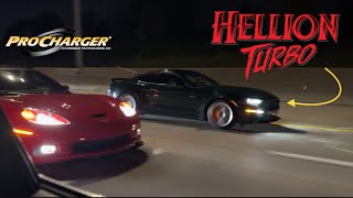 Hellion Twin Turbo 50 vs Procharged C6 Corvette Grand Sport mustang corvette coyote ls3 ford [upl. by Alan707]