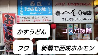 新橋で西成のホルモン【へそ０号店】珍しいかすうどんもフワうどんも食べれます [upl. by Artinahs827]