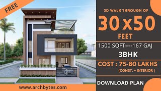 30x50 House Design 3D  1500 Sqft  167 Gaj  3 BHK  Modern Design  Terrace Garden  9x15 Meters [upl. by Layol605]