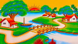 How to draw easy scenery drawing with oil pastel landscape village scenery drawing step by step [upl. by Halyahs]