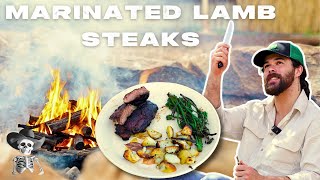 Lamb Steaks w Roast Potatos amp Broccolini  Campfire Cooking [upl. by Rawdin]