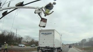 Truck crash sends worker flying out of construction bucket [upl. by Evey]