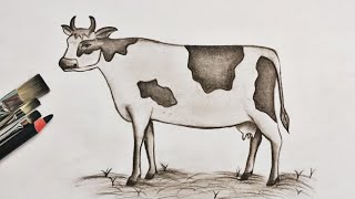 How to draw a cow with black pen technique step by step [upl. by Nylhtak]