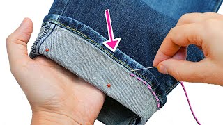 Best sewing trick  how to hem jeans without cutting the original hem Miarti 🧵✂️ [upl. by Nelak]