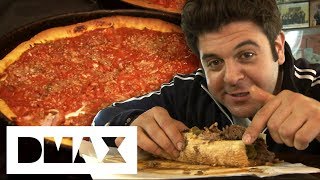 Adam Devours 2 Chicago Style Dishes The Italian Beef Sandwich And Deep Dish Pizza  Man V Food [upl. by Elimac851]