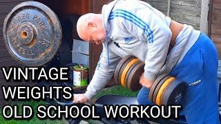 Bald old man lifts vintage weights garden gym back workout [upl. by Anse]