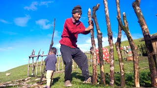 making fence around his shed with son Niyabung  shepherdlifeofnepal [upl. by Aneert]