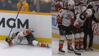 Trevor Zegras Leaves Game With Injury After Awkward Collision Into Boards [upl. by Bonner306]