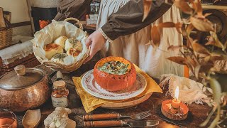 Cozy Fall Day at Cinnamon Cottage Stuffed Pumpkin Apple Oatmeal Cake amp Bread Buns  Cooking ASMR [upl. by Yelloh900]