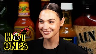 Gal Gadot Does a Spit Take While Eating Spicy Wings  Hot Ones [upl. by Ttehc790]