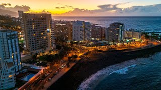 Relax sunset cityscape in Puerto de la Cruz Tenerife  ocean and city sounds ASMR  4k HDR [upl. by Berkow]